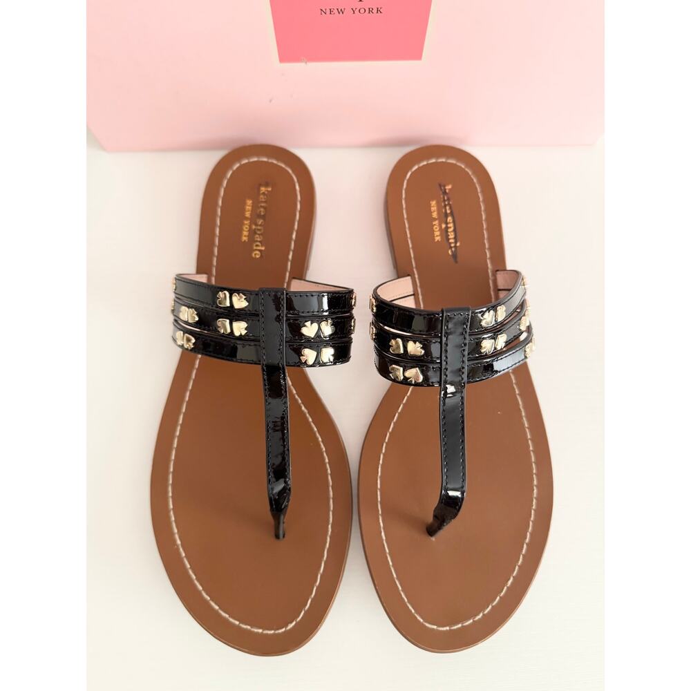 Kate Spade Carol Black Patent Spade Stud T-Strap Sandals NIB 9.5